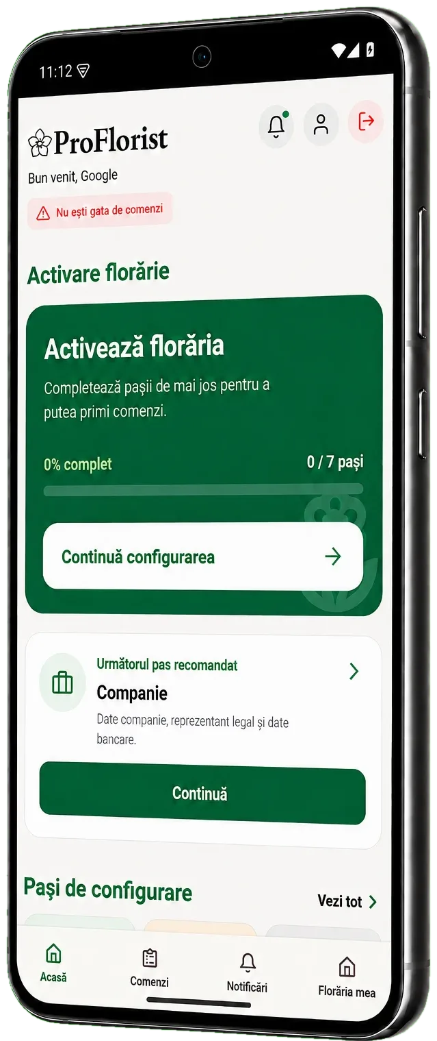 Interfața aplicației ProFlorist Business pentru activitatea unei florării